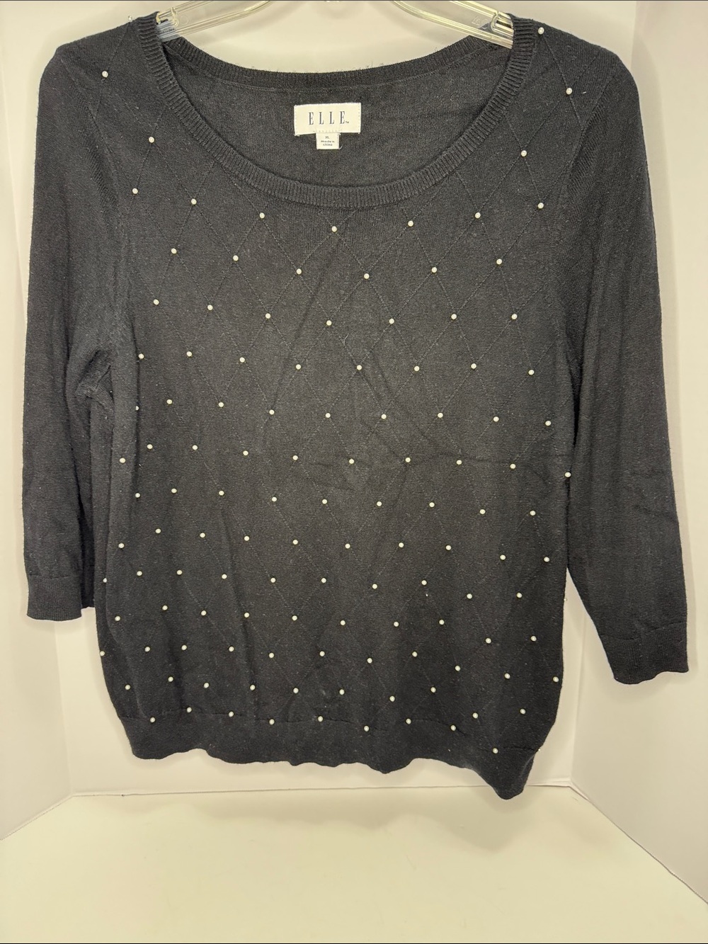 ELLE Black Crew Neck Sweater with Pearl-Dot Accents